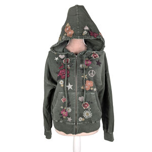 Billy T Camp Happy Green Floral Embroidered Hoodie Camp Green Sz M Hippie